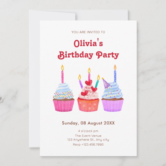 Hand drawn cupcakes candlelights birthday invitation (Front)