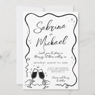 Hand Drawn Curvy Whimsical Black and White Wedding Invitation