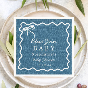 Hand Drawn Cute Bow Squiggle Blue Jean Baby Shower Napkin