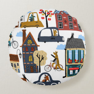 Hand drawn cute cartoon seamless pattern illustrat round cushion