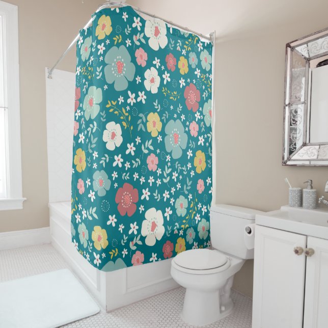 Hand Drawn Cute Colourful Flowers Pattern Shower Curtain (In Situ)