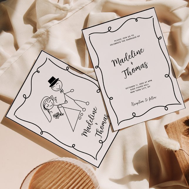 Hand Drawn Cute Couple Script Whimsical Wedding Invitation (Creator Uploaded)