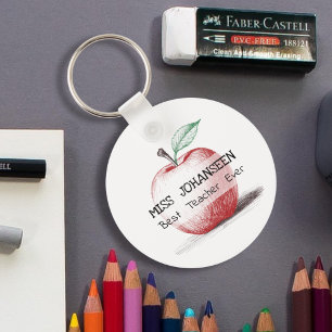 Hand Drawn Cute & Fun Red Apple Best Teacher Ever Key Ring