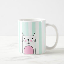 Hand Drawn Cute Pink Cat Coffee Mug - Blue Stripe
