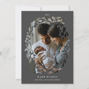 Hand-Drawn Cutout Wreath Frame Grey Holiday Photo Card