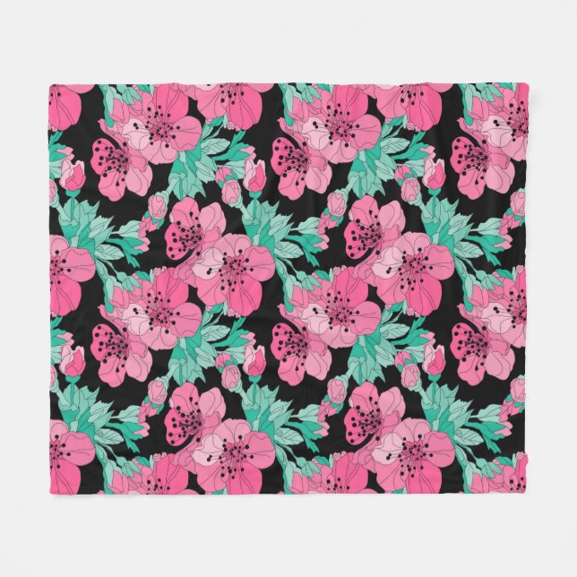 Hand Drawn Decorative Cherry Blossom Pattern    Fleece Blanket (Front (Horizontal))