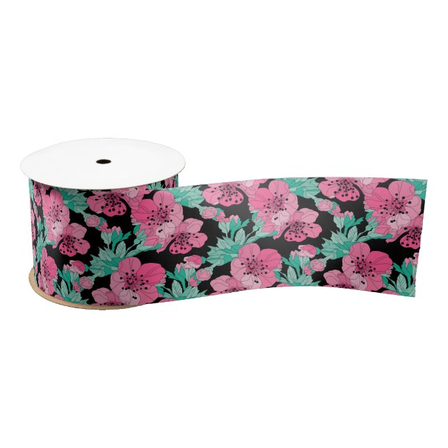 Hand Drawn Decorative Cherry Blossom Pattern     Satin Ribbon (Spool)