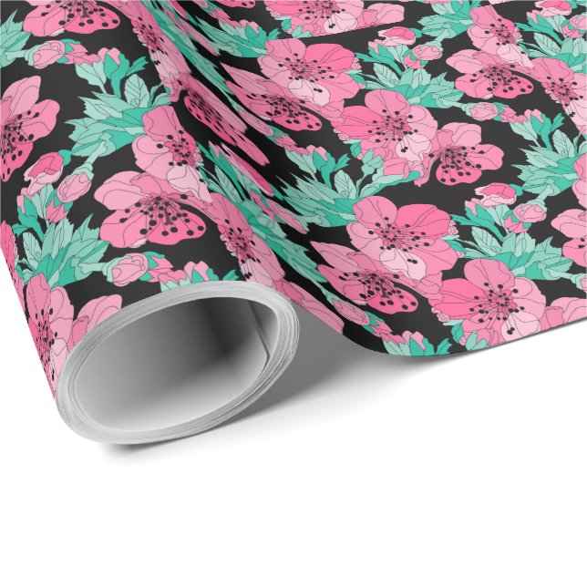 Hand Drawn Decorative Cherry Blossom Pattern     Wrapping Paper (Roll Corner)