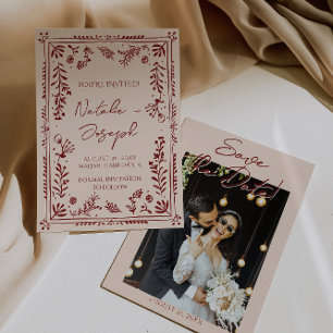 Hand Drawn Deep Red Floral Garden Photo Wedding Save The Date