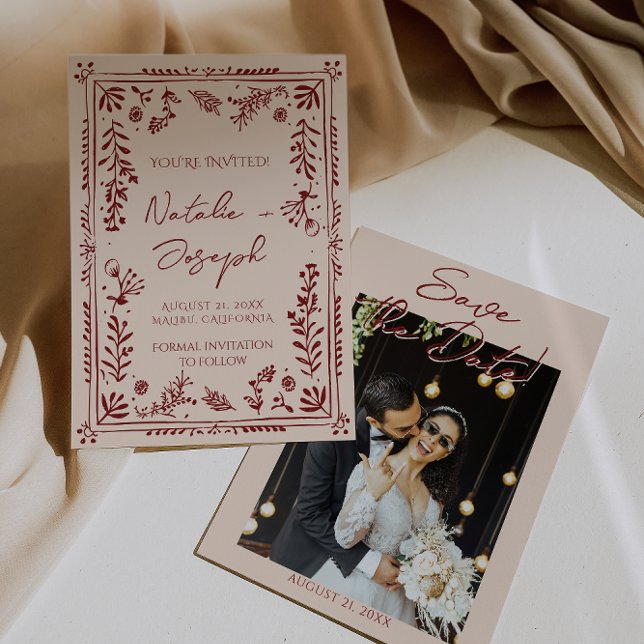 Hand Drawn Deep Red Floral Garden Photo Wedding Save The Date (Creator Uploaded)