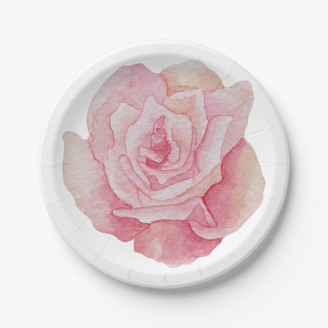Hand Drawn Delicate Pink Rose Print Paper Plate (Front)