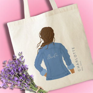 Hand Drawn Denim Jacket Brown Hair Bride Tote Bag