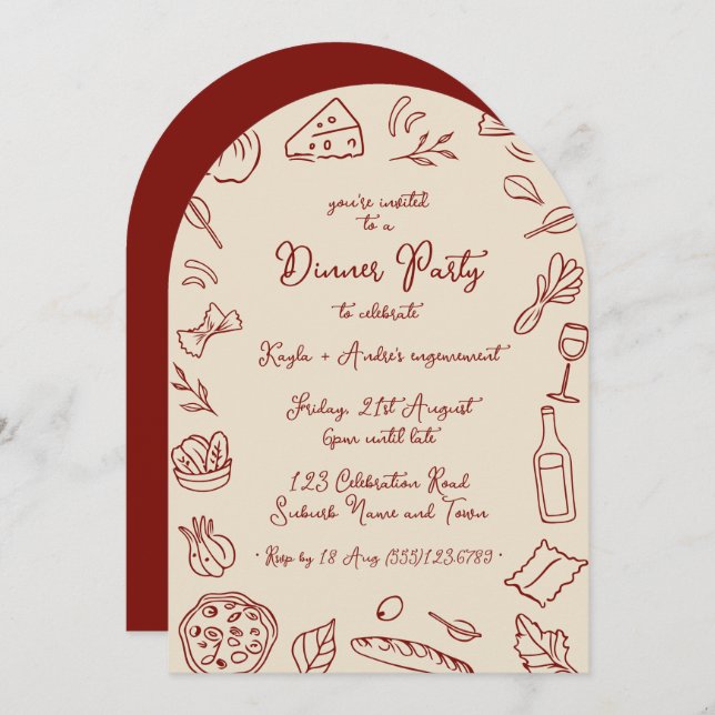 Hand Drawn Dinner Party Arch Invitation  (Front/Back)