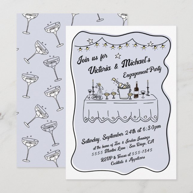 Hand Drawn Dinner Wedding Engagement Party Invitation (Front/Back)