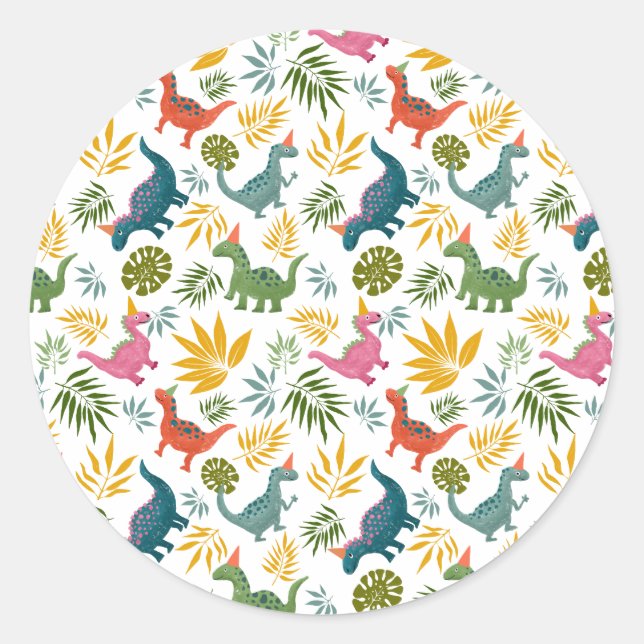 Hand-drawn Dinosaur Kid's Birthday Party Classic Round Sticker (Front)