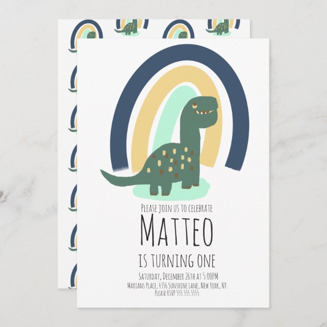 Hand Drawn Dinosaur Rainbow Birthday Party Blue Invitation (Front/Back)
