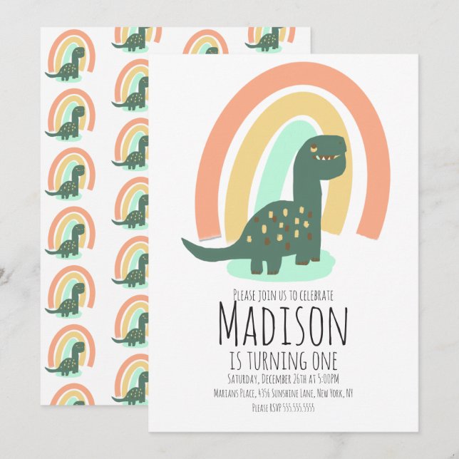 Hand Drawn Dinosaur Rainbow Birthday Party Boho Invitation (Front/Back)
