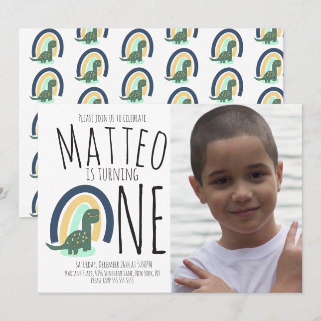 Hand Drawn Dinosaur Rainbow Birthday Party Photo Invitation (Front/Back)