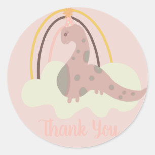 Hand Drawn Dinosaur Rainbow Birthday Party Pink Classic Round Sticker