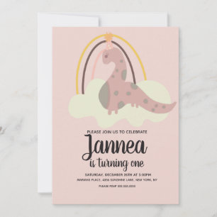 Hand Drawn Dinosaur Rainbow Birthday Party Pink In Invitation