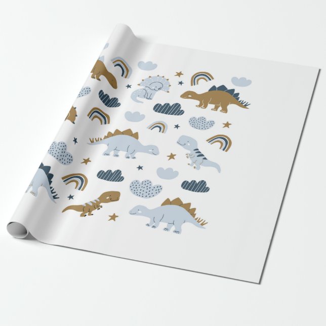 Hand drawn dinosaurs in scandinavian style with st wrapping paper (Unrolled)