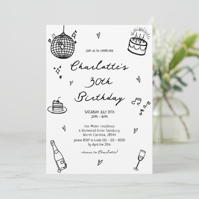 Hand Drawn disco ball 30th Birthday  Invitation (Standing Front)