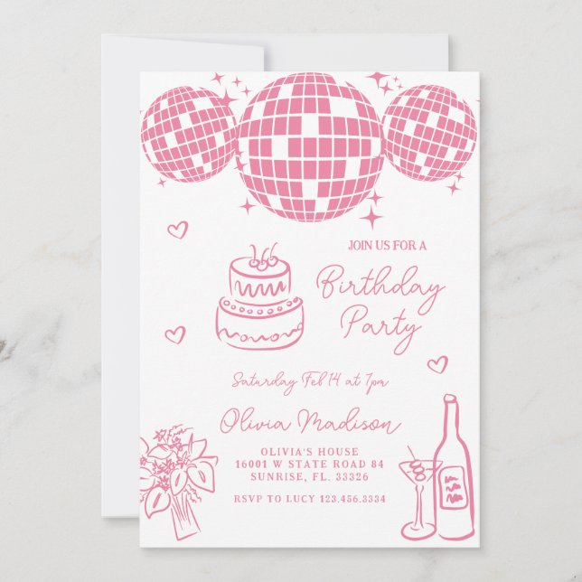 Hand Drawn Disco Ball Champagne Birthday Party Invitation (Front)