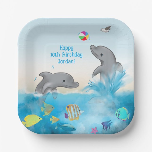 Hand-drawn Dolphin Volleyball Splash Ocean Paper Plate (Front)
