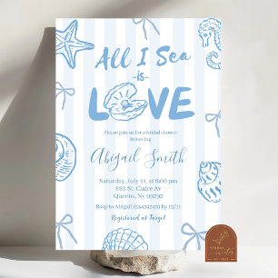 Hand Drawn Doodle Blue All I sea is love bridal Invitation