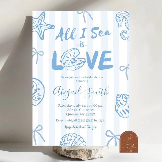 Hand Drawn Doodle Blue All I sea is love bridal Invitation (Creator Uploaded)