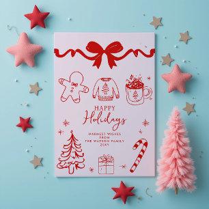 Hand Drawn Doodle Bow Red Pink Christmas Holiday Postcard
