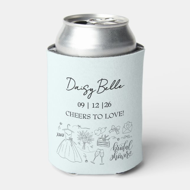 Hand Drawn Doodle Bridal Shower Green Can Cooler (Can Front)