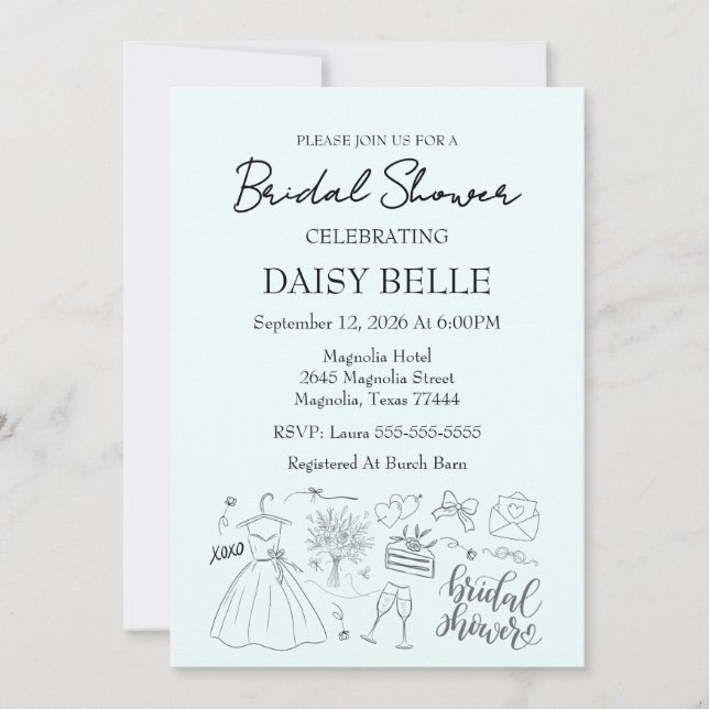 Hand Drawn Doodle Bridal Shower Green Invitation (Front)