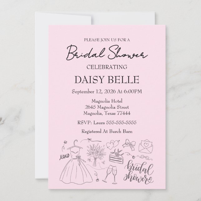 Hand Drawn Doodle Bridal Shower Pink Invitation (Front)