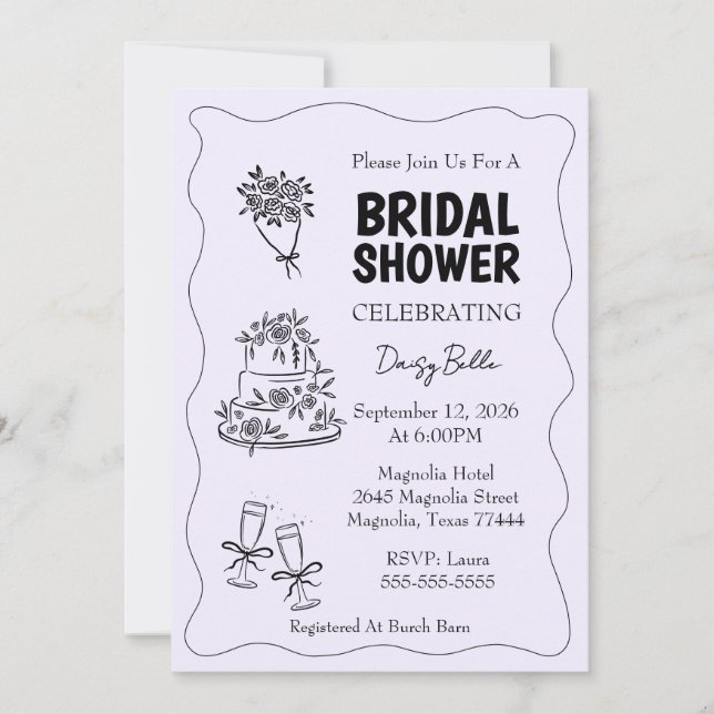 Hand Drawn Doodle Bridal Shower Purple Invitation (Front)