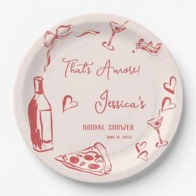 Hand Drawn Doodle Bridal Shower That's Amore pizza Paper Plate (Front)