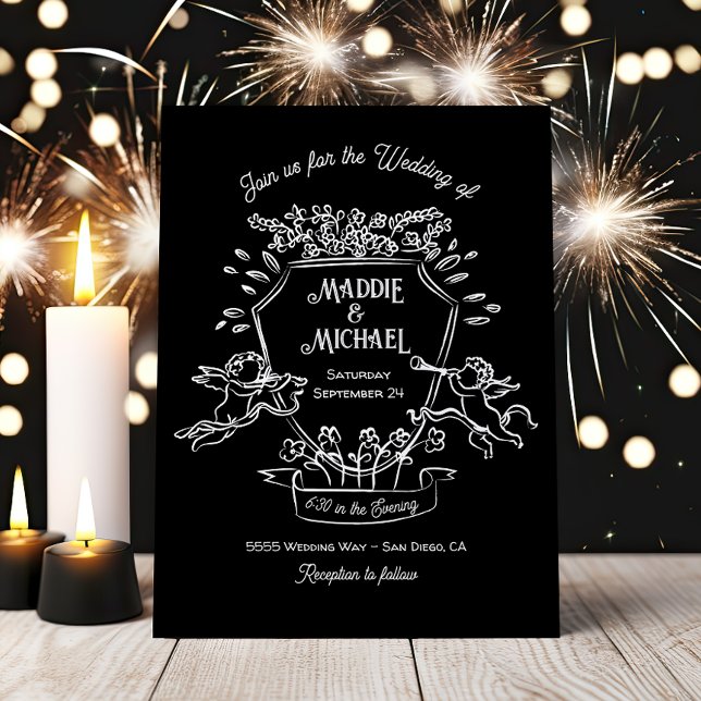 Hand Drawn Doodle Cherub Cupid Crest Wedding Invitation (Creator Uploaded)
