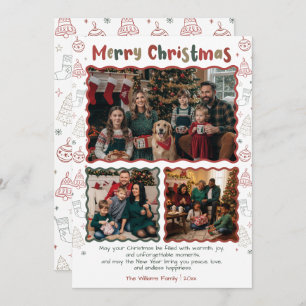 Hand Drawn Doodle Christmas 3 Photo Collage Holiday Card