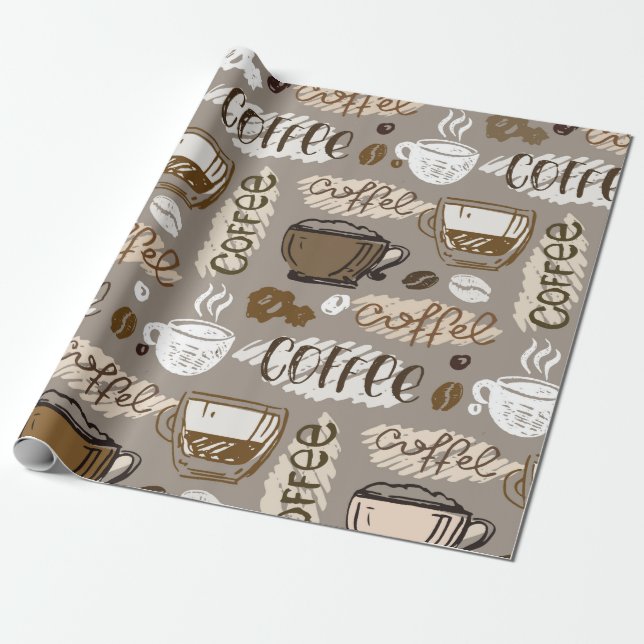 Hand drawn doodle coffee pattern background wrapping paper (Unrolled)