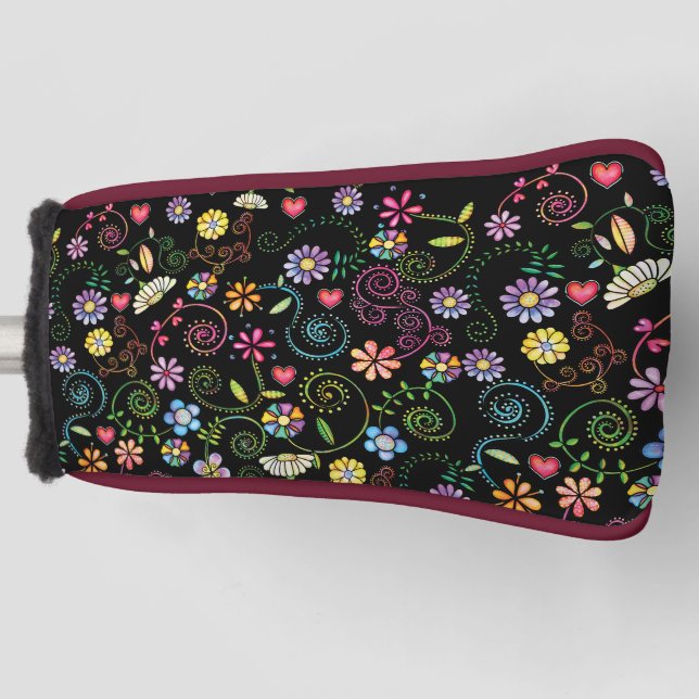 Hand Drawn Doodle Colourful Floral seamless patter Golf Head Cover (Front)