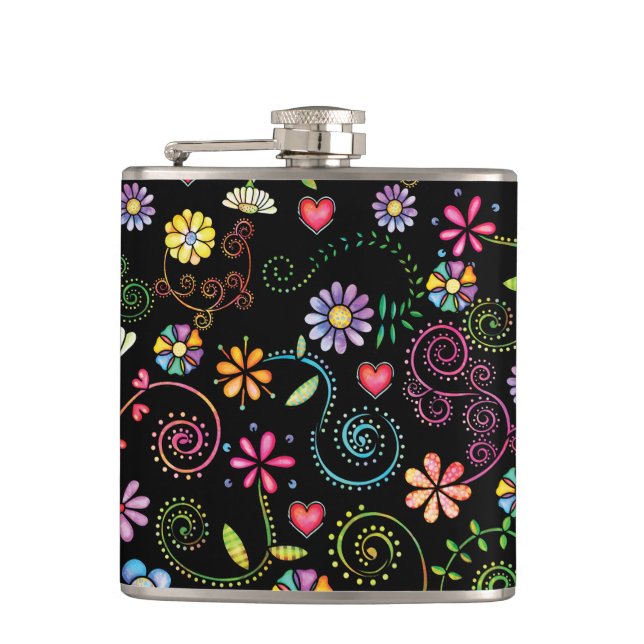 Hand Drawn Doodle Colourful Floral seamless patter Hip Flask (Front)