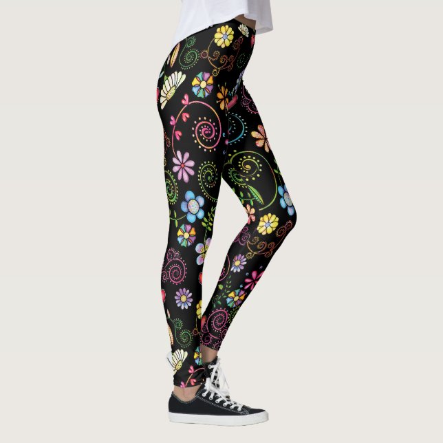 Hand Drawn Doodle Colourful Floral seamless patter Leggings (Right)