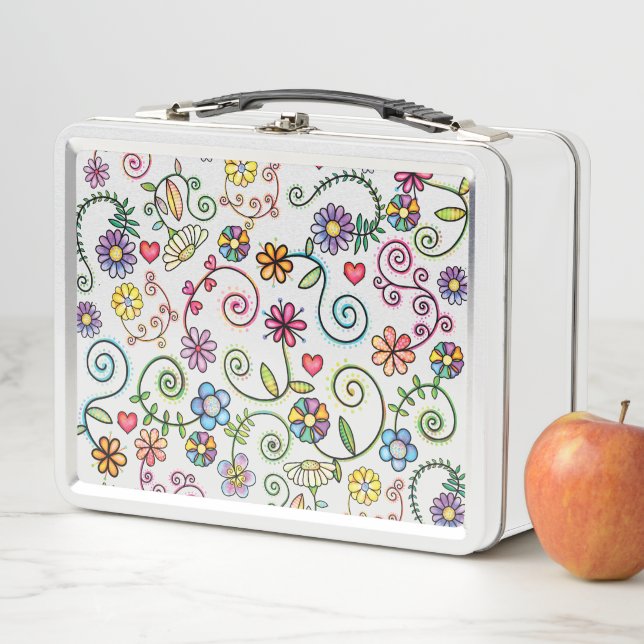 Hand Drawn Doodle Colourful Floral seamless patter Metal Lunch Box (In Situ)