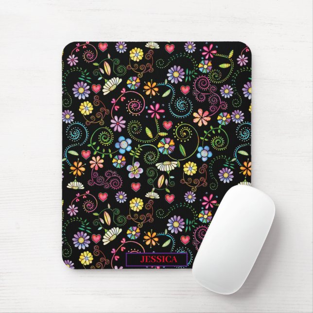Hand Drawn Doodle Colourful Floral seamless patter Mouse Mat (With Mouse)