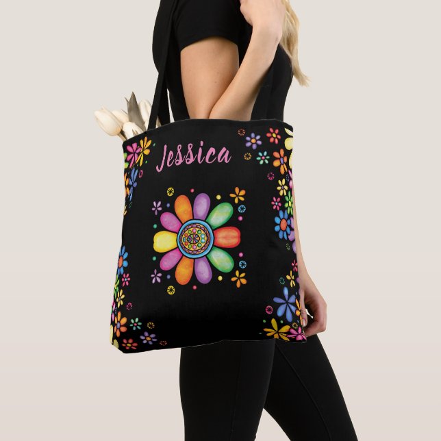 Hand Drawn Doodle Colourful Floral seamless patter Tote Bag (Close Up)