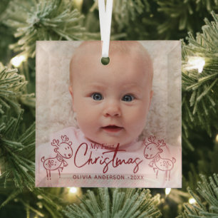 Hand Drawn Doodle Deer First Christmas Newborn Glass Tree Decoration