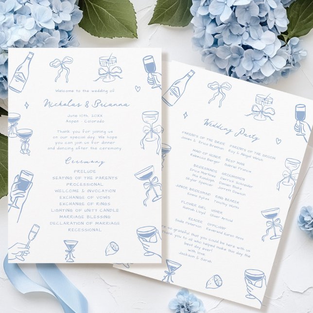 Hand Drawn Doodle Dusty Blue Wedding  Program Programme (Creator Uploaded)