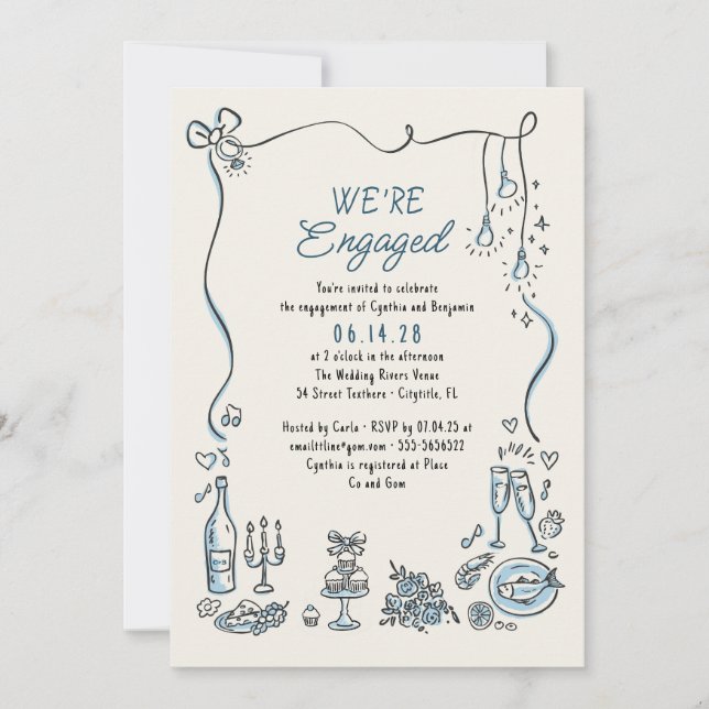 Hand Drawn Doodle Funky Whimsical Engagement Party Invitation (Front)