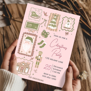 Hand Drawn doodle green peach christmas party Invitation
