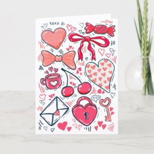 Hand Drawn Doodle Happy Valentines Pink Hearts Card
